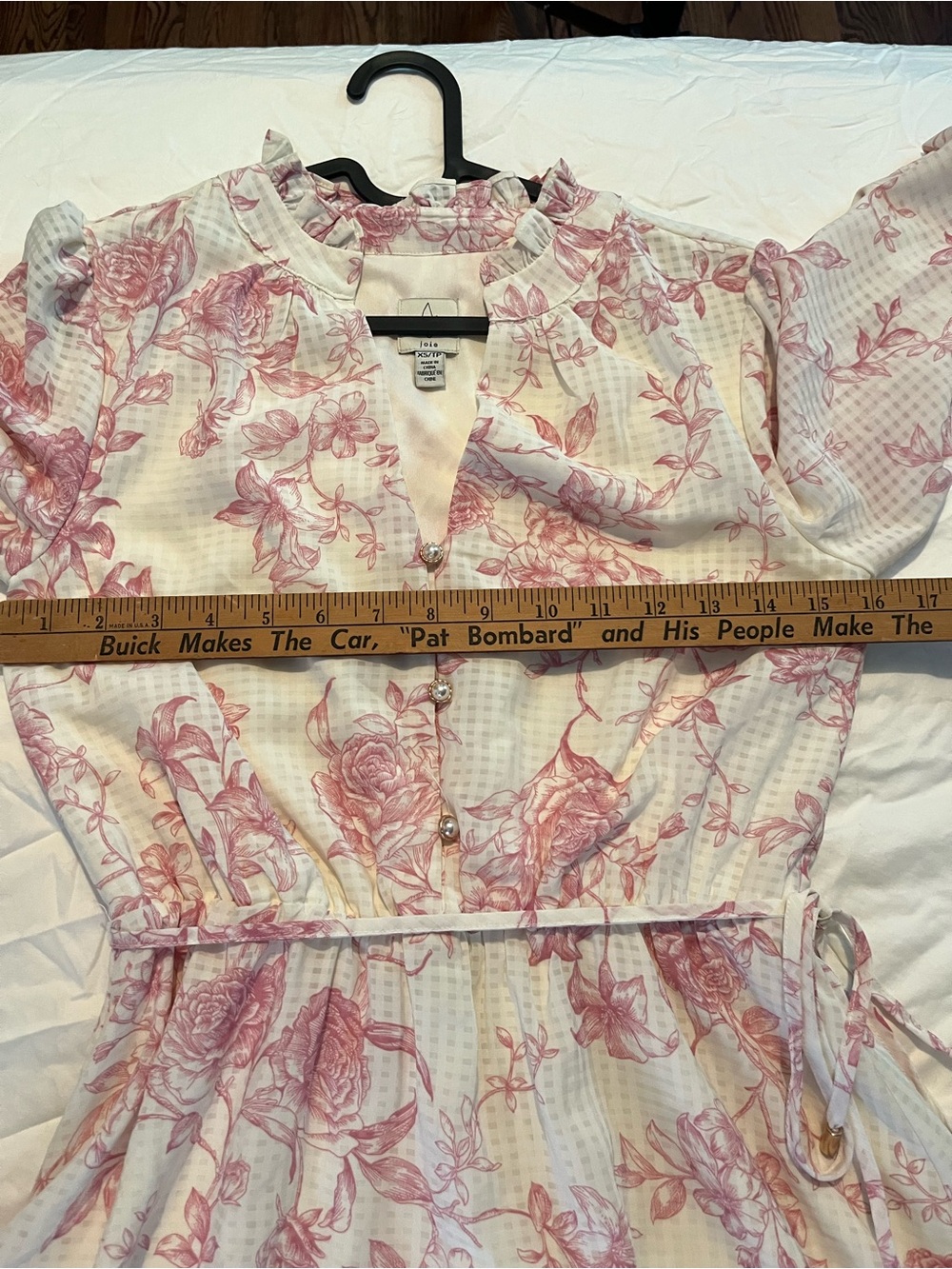 Joie Pink White Floral Long Sleeve Tiered Dress Ruffle Neck Tie Waist - Size XS - Picture 4 of 11